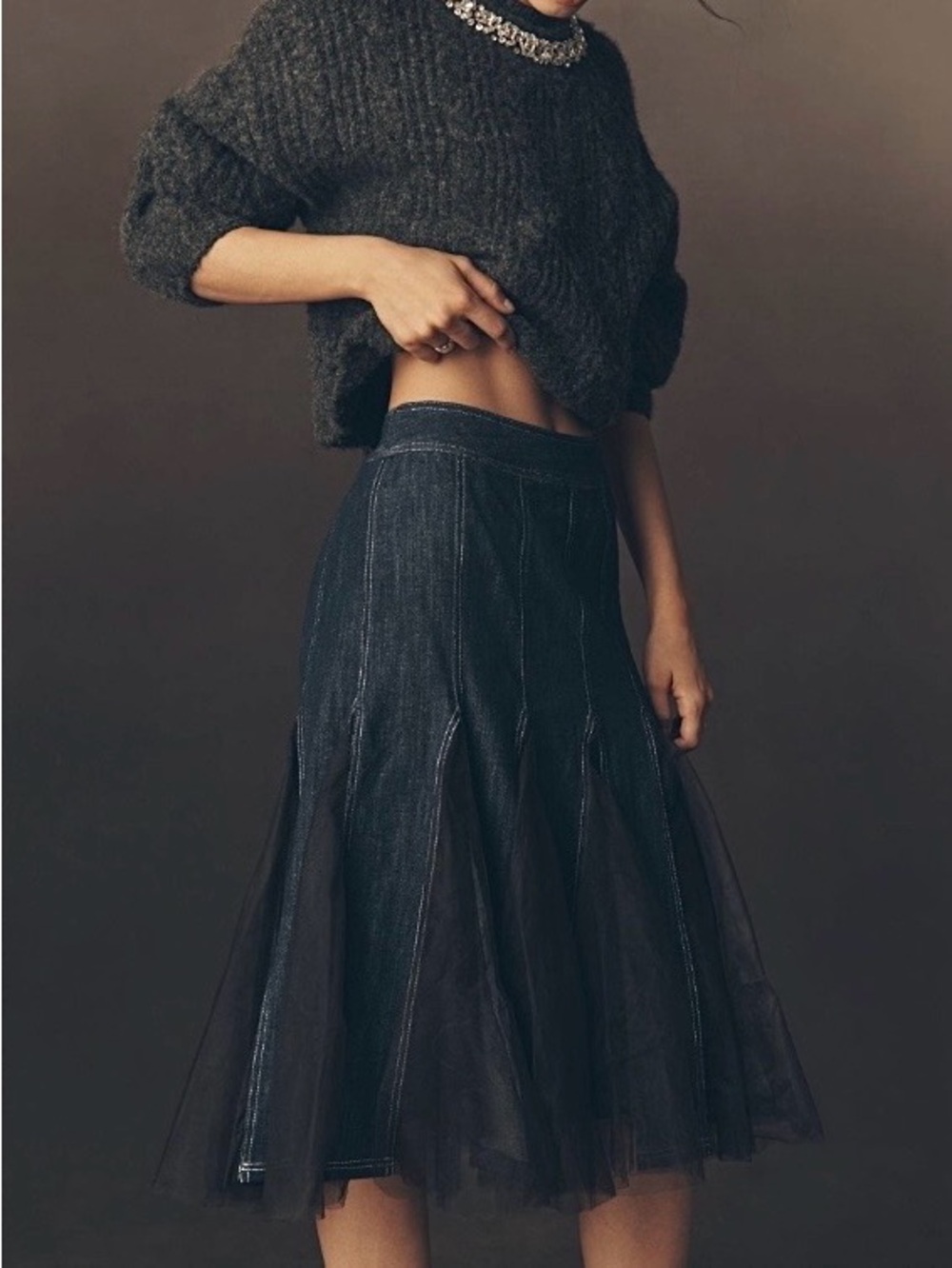 Anthropologie Pilcro Tulle Godet Denim Mid Skirt size 8 NWT